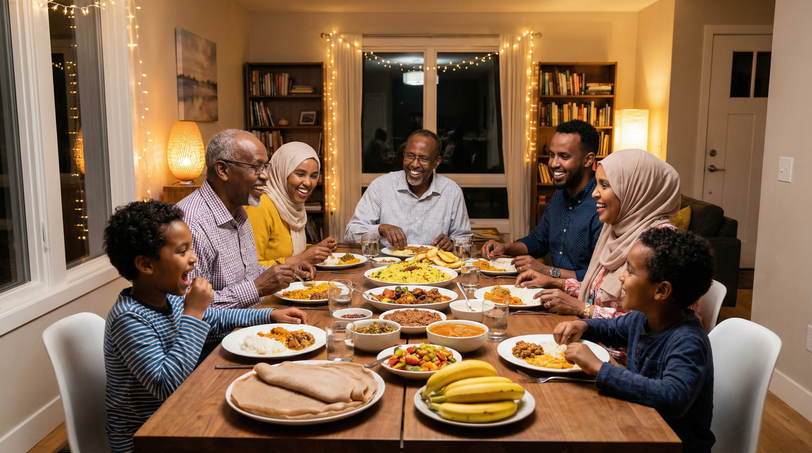 Somali family enjoying traditional food